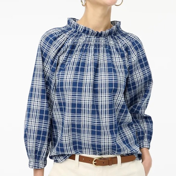 J. Crew Factory Plaid Smocked Ruffle Neck 3/4 Sleeve Pop Over - Picture 1 of 7